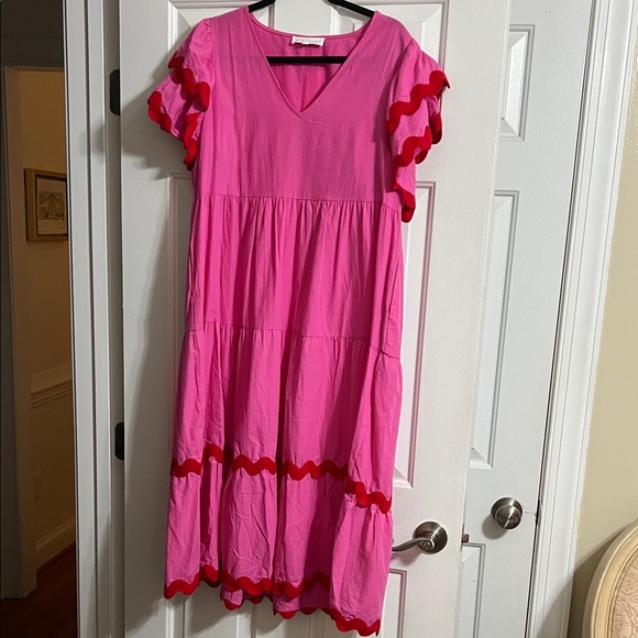White Closet Pink and Red Ric Rac Flutter Sleeve Midi Dress with Pockets Large - Picture 1 of 6